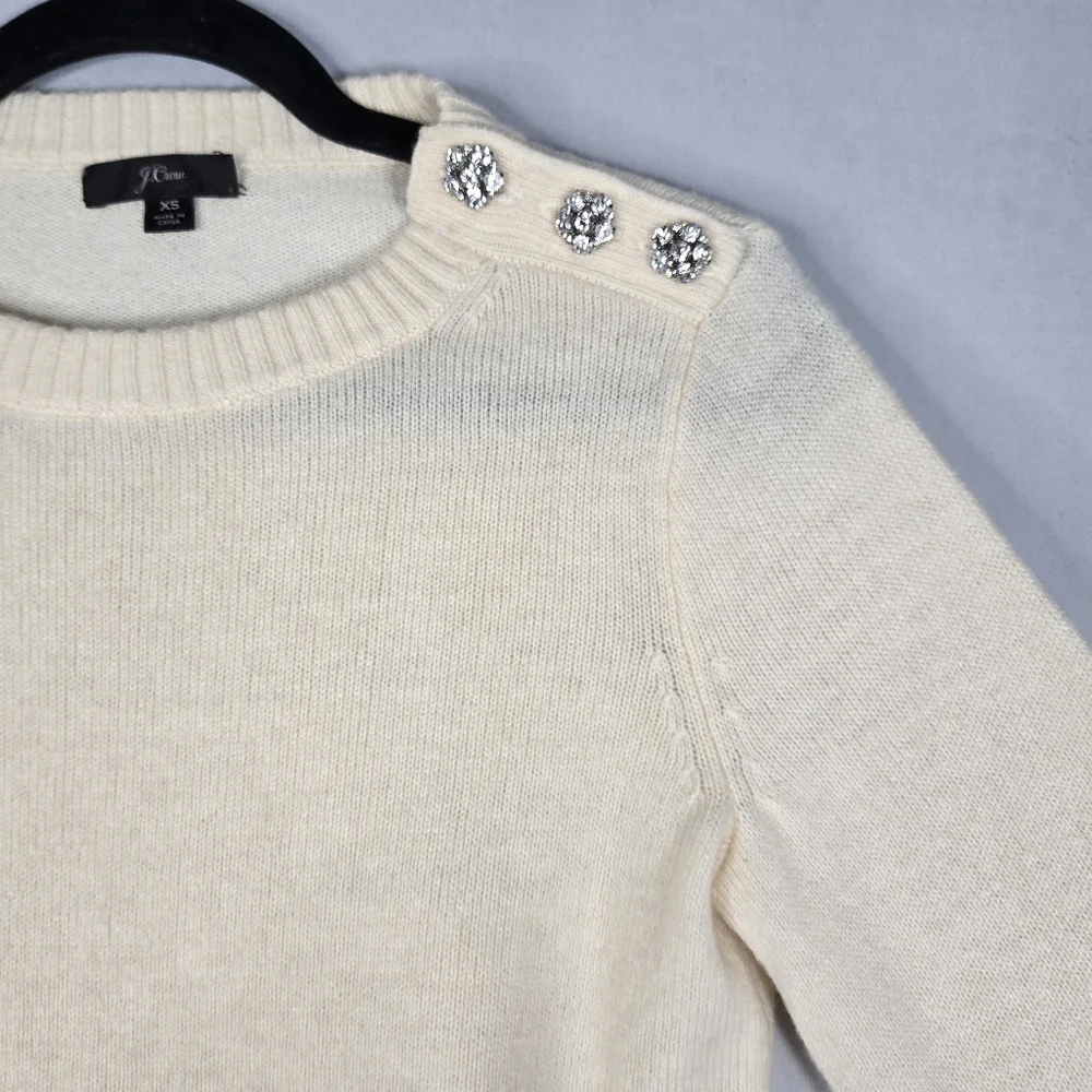 J. Crew Ivory Sweater Lambswool Blend Crew Neck Retro Rhinestone Trim Womens XS